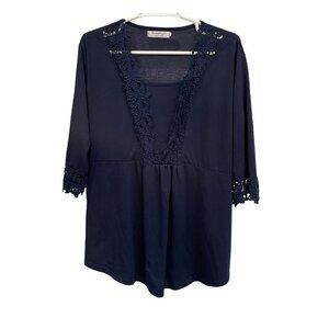 Sweetnight Top Shirt Navy Blue Crochet‎ Trim Size XL